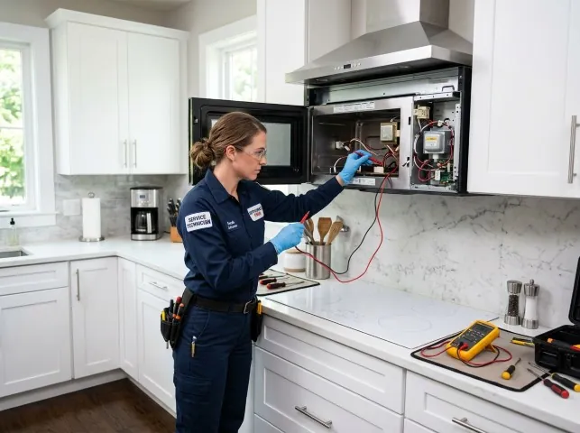 Appliance Repair Hero technician testing an over-the-range microwave in a Albert Lea, MN kitchen